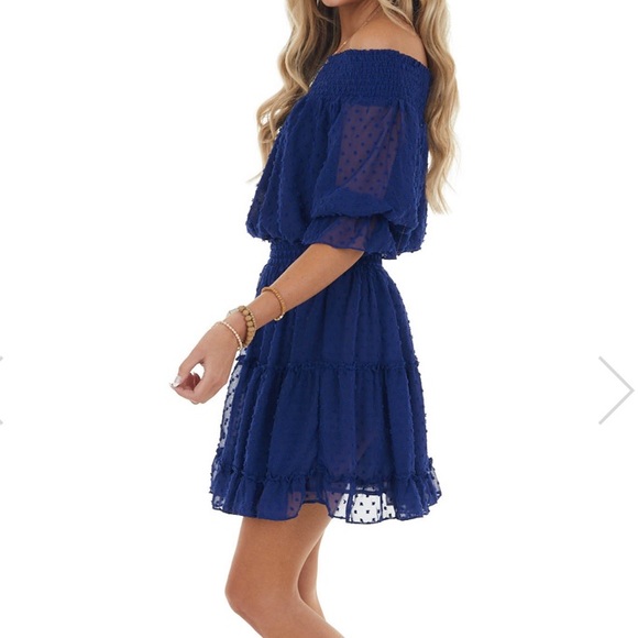 Limelush Navy Off the Shoulder Swiss Dot Dress - Picture 2 of 6